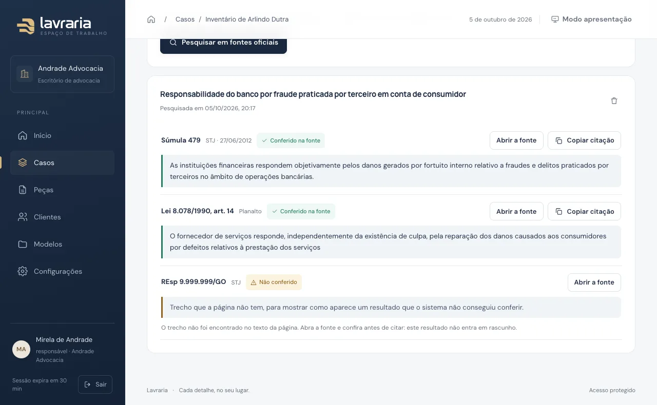 Tela de pesquisa da Lavraria: dois resultados marcados como conferidos na fonte e um como não conferido.